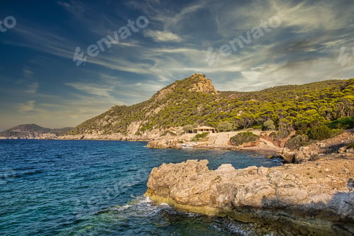 Preview: Beautiful sunset over wild beach, Mediterrenian sea, Greece