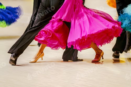Preview: close-up part pink ball gown and and man black tail suit on dance floor