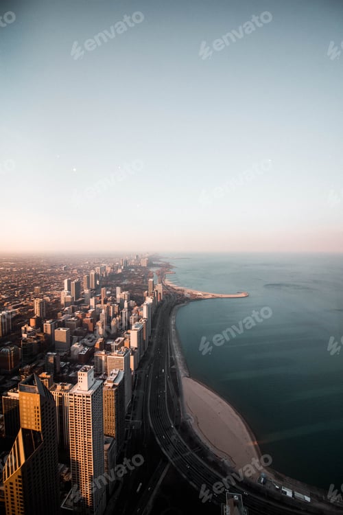 Preview: Aerial view of the Chicago River and beach