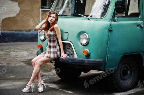 Preview: Amazing long legs with hig heels girl against old retro minivan.