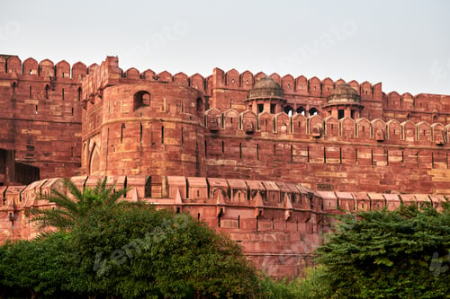 Preview: Walls of Agra red fort in India, view from main entrance Amar Singh Gate to ancient building