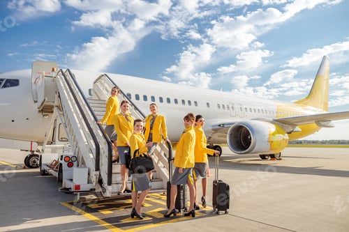 Preview: Cheerful flight attendants standing near airplane at airfield
