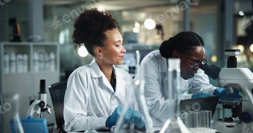Preview: Women, microscope and scientist team research in lab for experiment, analysis and biotechnology. Eq