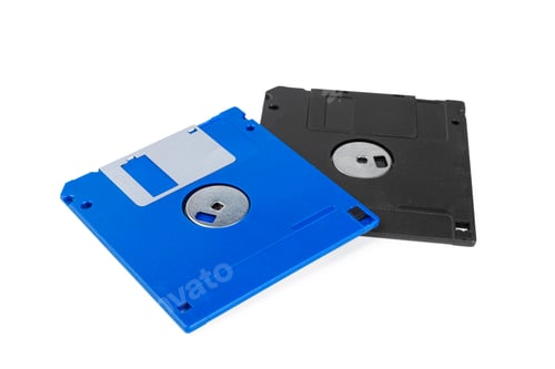 Preview: Collection of blue and black floppy disks on a white background