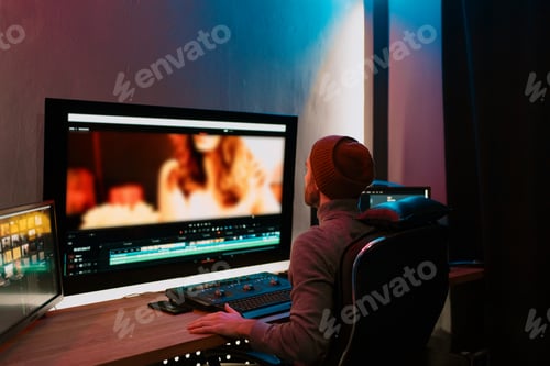 Preview: Male Video Editor Working on His Personal Computer with Big Display