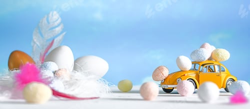Preview: Happy easter.Easter poster with colorful easter sweet eggs and yellow car.Spring easter