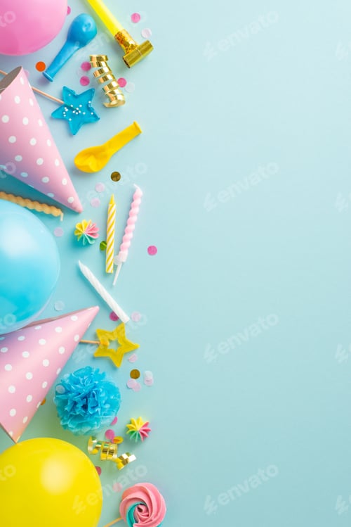 Visualização: Ideia de celebração animada. Foto vertical aérea de um animado arranjo de mesa
com doces