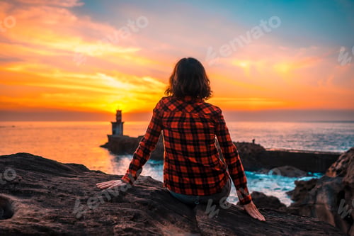 Preview: A young woman sitting on some rocks with a leather jacket in the orange sunset