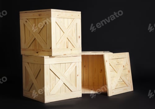Preview: Group of wooden crates on black background