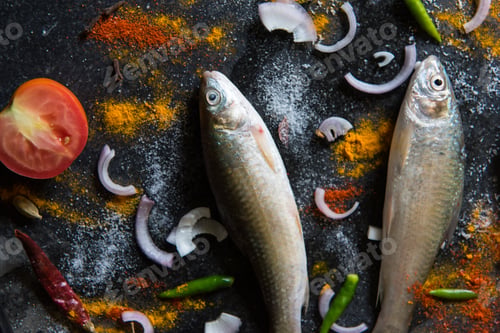 Preview: Uncooked fish on a black background
