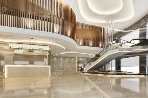Preview: 3d rendering grand luxury hotel reception hall entrance and lounge restaurant with stair