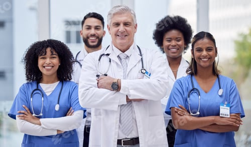 Preview: Doctors, nurses or arms crossed portrait in hospital diversity, about us or leadership in people tr