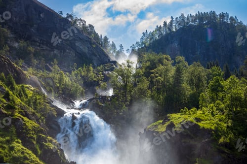 Preview: Latefossen Waterfall Odda Norway. Latefoss is a powerful, twin waterfall.