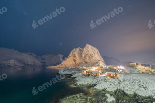 Preview: Lofoten islands, Nordland county, Norway, Europe. White snowy mountain hills and trees, nature