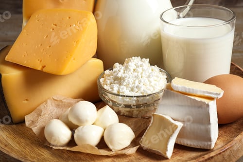Preview: Different dairy products on wooden tray, closeup