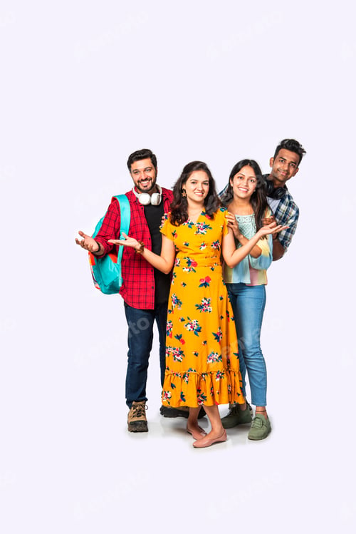 Preview: Asian Indian smart college students posing for a photo against white background