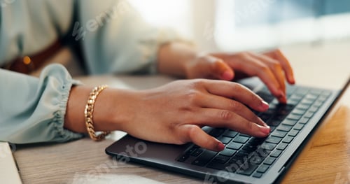 Preview: Business woman, laptop and hands with typing press release in office with digital job. Website, pub