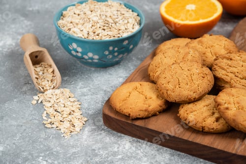 Preview: Oatmeal with homemade cookies over grey background