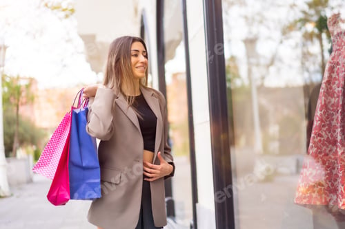 Preview: Shopping woman with bags in the city, concept sales, consumerism, copy paste