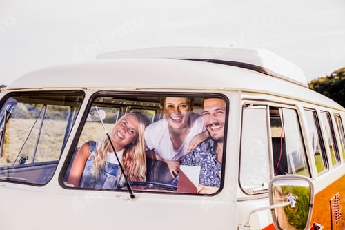 Preview: Happy friends inside van