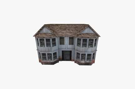 Preview: Two-story building with deteriorated facade and sloping shingled roof