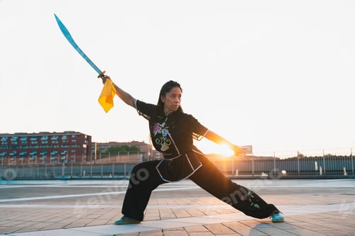Preview: Chinese young woman practicing wushu kung fu.