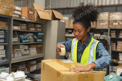 Preview: Startup small business industry. engineer staff worker tape packing seal products box
