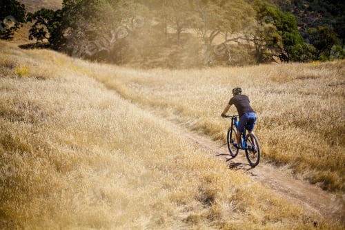 Preview: Elevated rear view of young man mountain biking on dirt track, Mount Diablo, Bay Area, California,