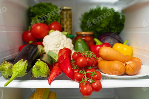 Preview: Fridge shelf full of fresh vegetables close up