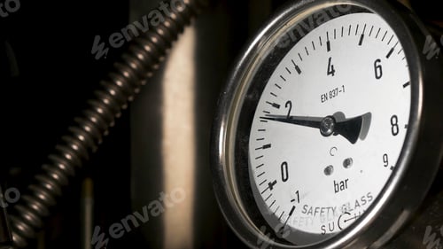 Preview: Old Vintage barometer with based. Manometer precise instrument in laboratory, close up. Industrial
