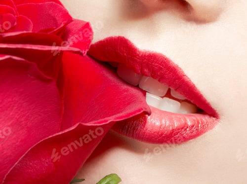 Preview: Close-Up Portrait Of Young Woman Biting Red Rose'S Petal