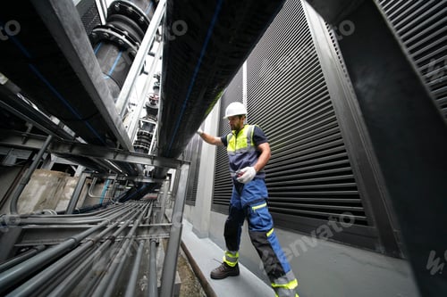 Preview: Worker inspecting industrial equipment in a narrow corridor during daylight hours