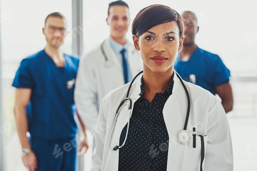 Preview: Confident female doctor in front of team