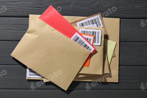 Preview: Different paper envelopes on grey wooden table, top view. Post office