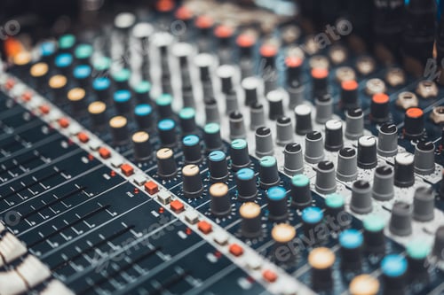 Preview: Buttons and knob switches of audio mixer control panel or sound editor, cinematic tone