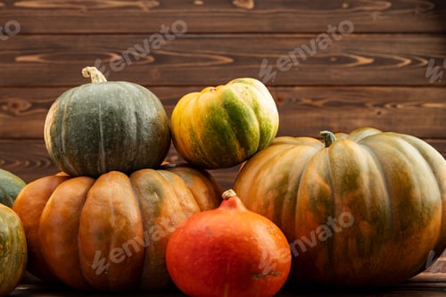 Preview: Assortment of different pumpkins on dark wooden background