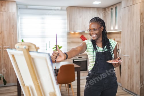 Preview: A joyful artist creating a masterpiece in a modern kitchen