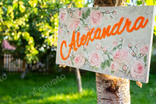 Preview: Closeup shot of a floral birthday sign with a female name of ''Alexandra'' hanging from a tree