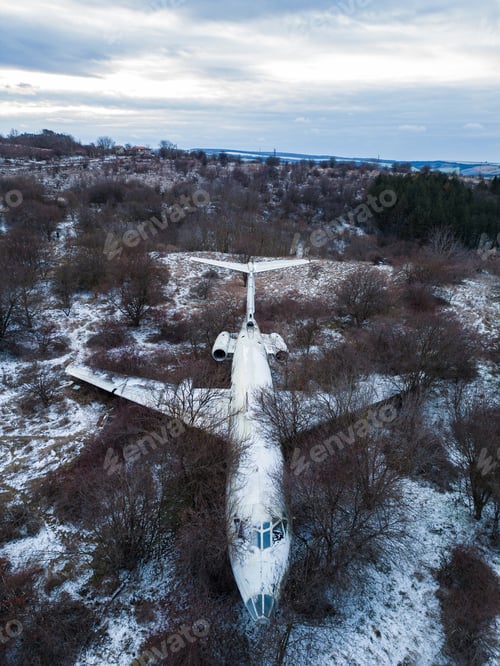 Preview: abandoned passenger plane wreck in the forest in winter