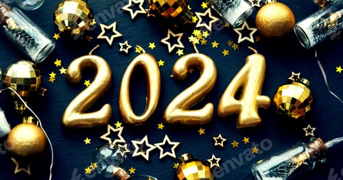 Preview: a new year is depicted with golden numbers surrounded by christmas decorations