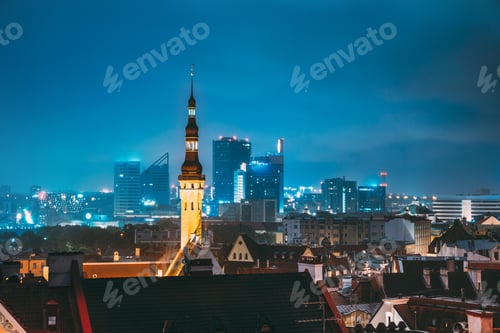 Preview: Tallinn, Estonia. Tower Of Town Hall On Background With Modern U