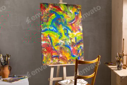 Preview: Chair and oil painting. Art still life and paintbrush painting in artist creative studio