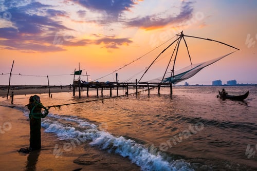 Preview: Chinese fishnets on sunset. Kochi, Kerala, India