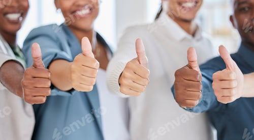 Preview: Thumbs up, success and support with hands of business people for yes, approval and emoji. Diversity