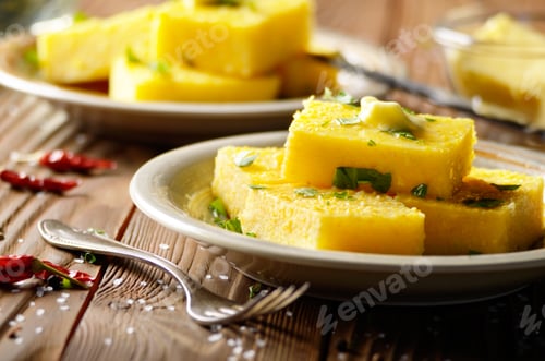 Preview: Polenta with butter and greens on clay dish on wooden rustic tab
