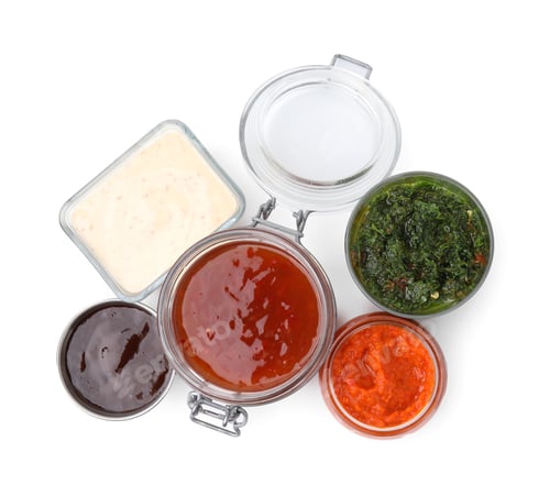 Preview: Different marinades isolated on white, top view