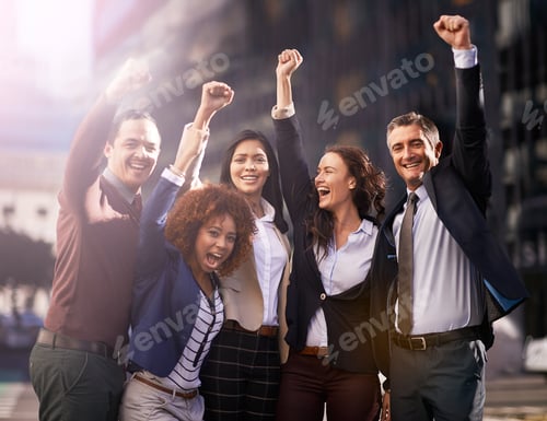 Preview: Oh yeah. Shot of a group of excited businesspeople in the city.
