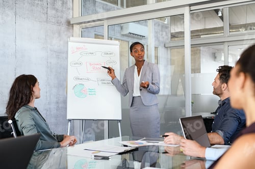 Preview: Black woman leader explainig business strategy to her colleagues
