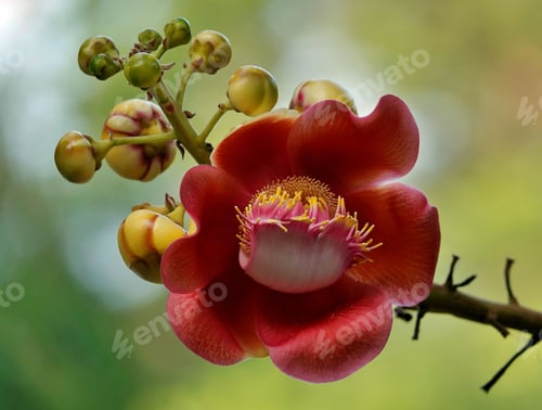 Preview: Close-up shot of a red Cannonball tree flower grown in the garden