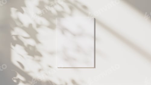Preview: blank vertical poster mock up with leaves shadows and sunlight on neutral white wall background